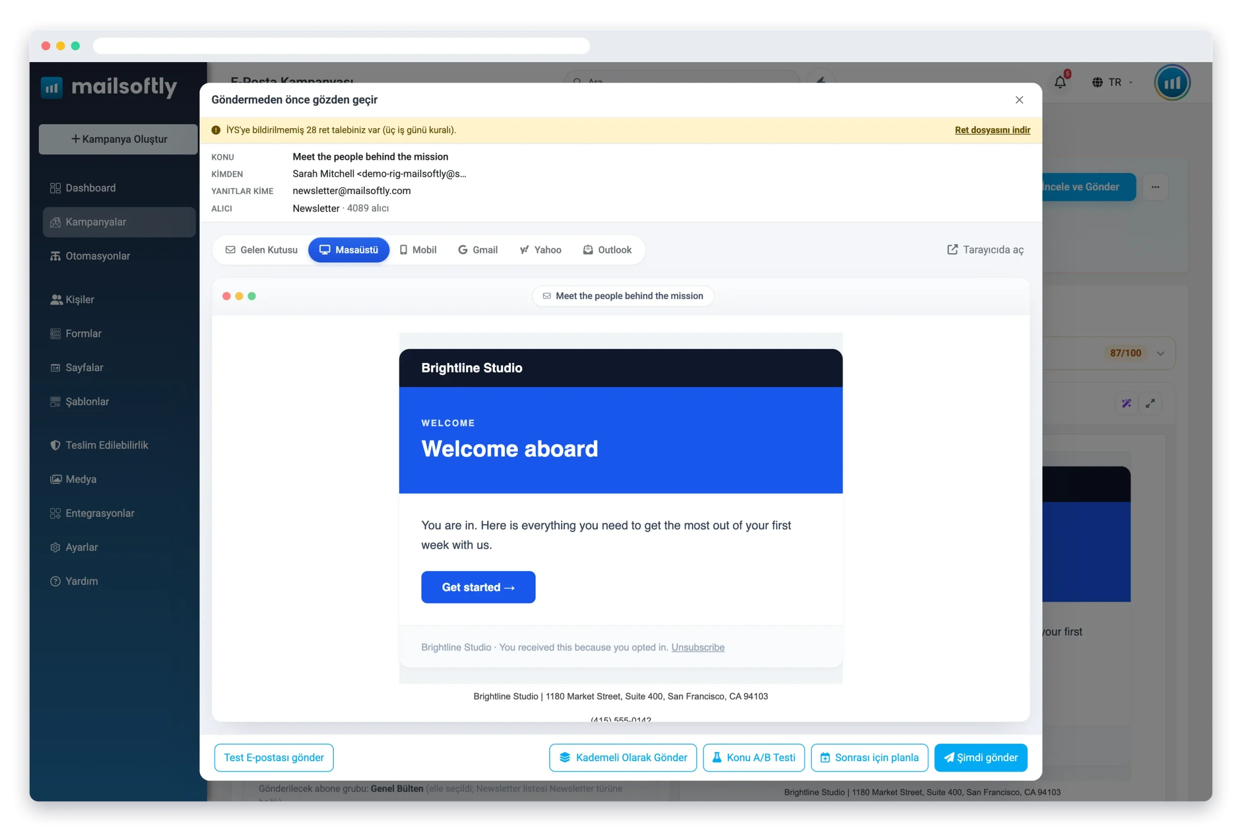 Mailsoftly göndermeden önce gözden geçir penceresinde konu, gönderici, yanıt adresi ve alıcı sayısı ile gelen kutusu önizlemesi
