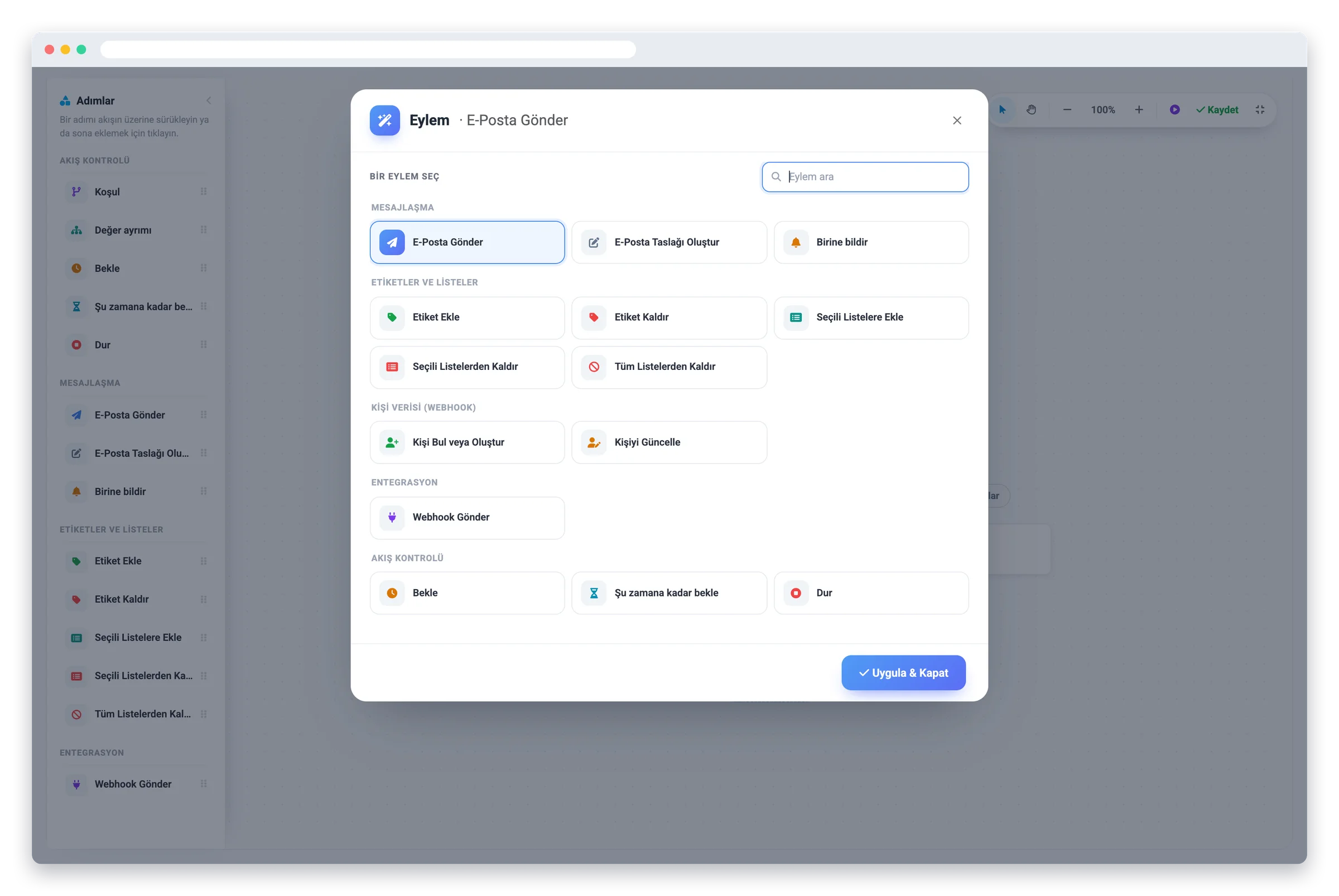 Mailsoftly otomasyon eylemleri galerisindeki Webhook Gönder eylemi