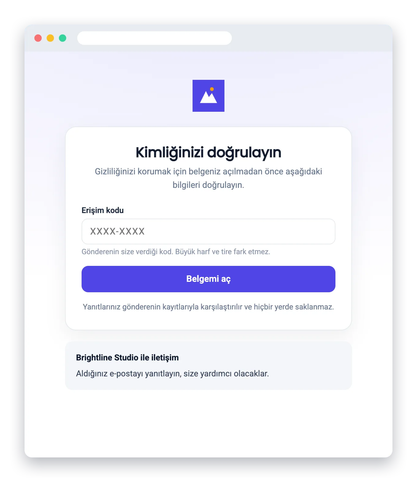 Güvenli belge açılmadan önce alıcının gördüğü, doldurulacak bir alan ve Belgemi aç butonu bulunan Kimliğinizi doğrulayın sayfası