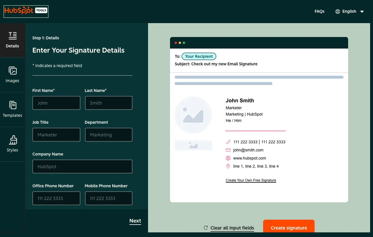 HubSpot email signature template generator with detail fields beside an email preview