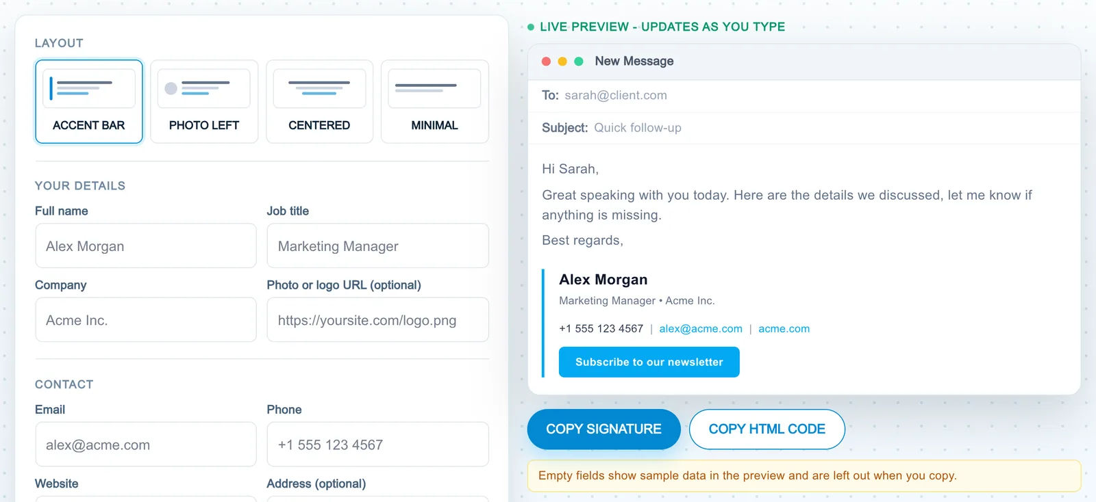 Mailsoftly free email signature generator with four layouts, contact fields and a live email preview showing a newsletter button