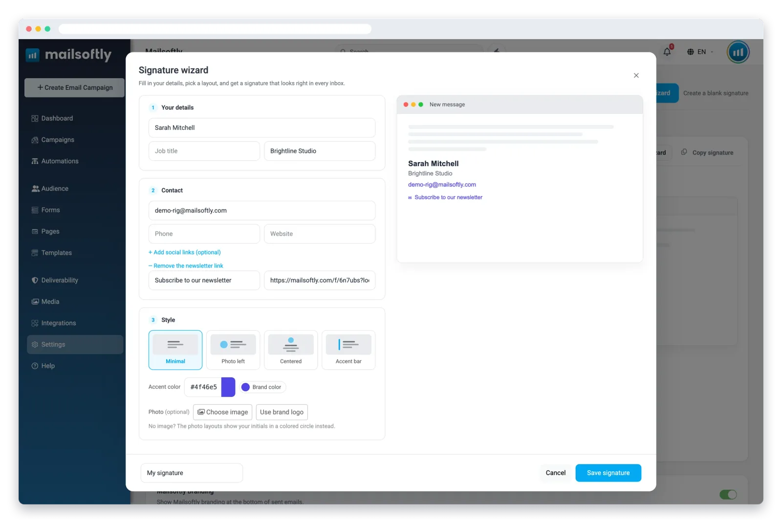 Mailsoftly signature wizard with details, contact and style sections beside a live inbox preview including a newsletter signup link
