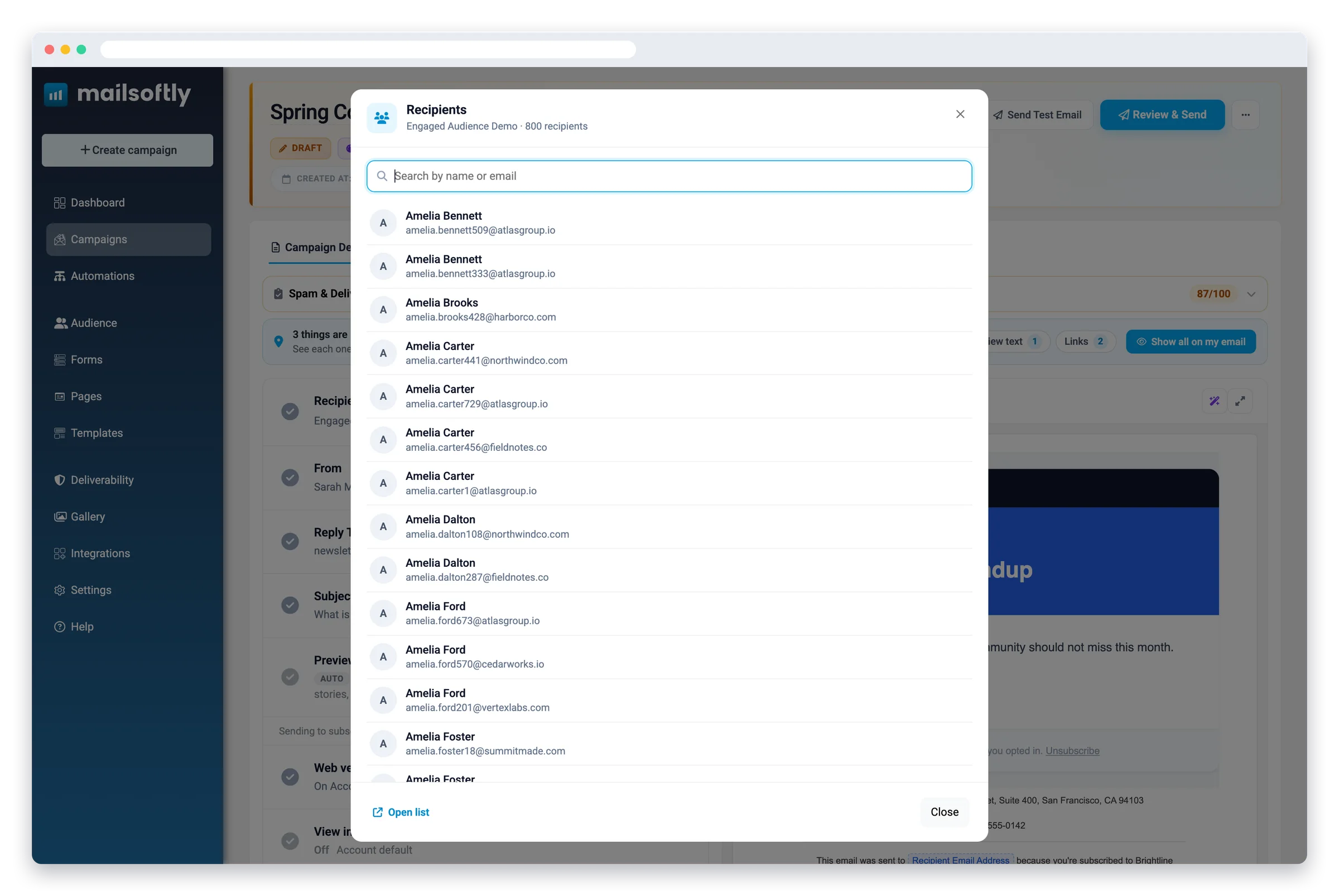 The Mailsoftly recipient preview listing each contact who will receive their own merged copy of the campaign
