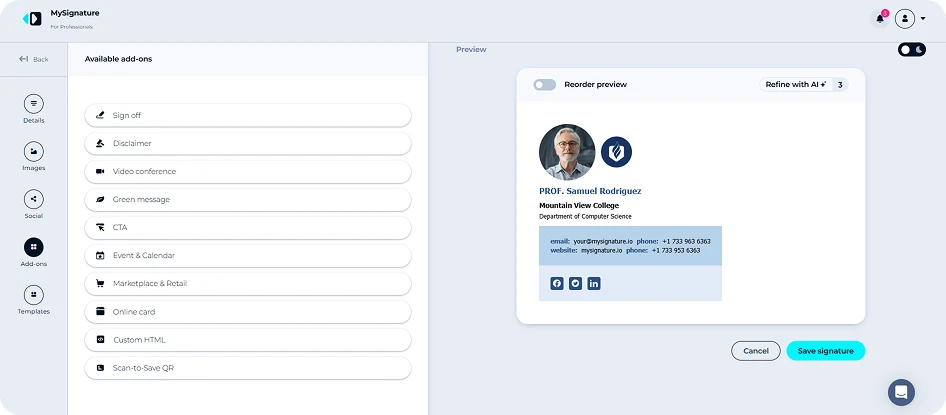 MySignature email signature editor with add-ons such as CTA, disclaimer and online card beside a live signature preview